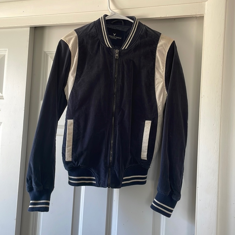 XS American Eagle “Honestly” Velvet Varsity Jacket